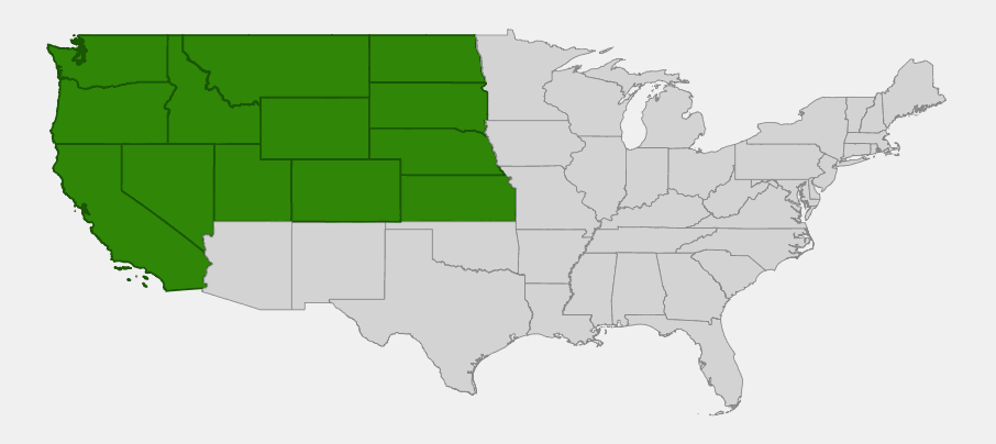 Native range map of meadow death camas (Toxicoscordion venenosum) showing distribution across California, Nevada, Oregon, Washington, Idaho, Montana, Wyoming, Utah, Colorado, Nebraska, Kansas, North Dakota, and South Dakota