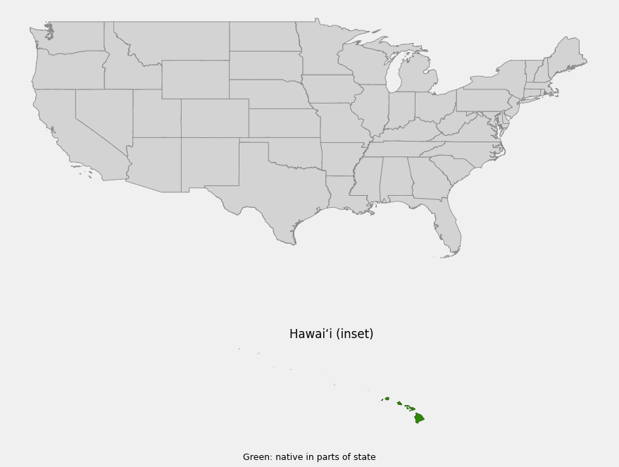 Native range map of mēhamehame (Flueggea neowawraea) showing distribution in the Hawaiian Islands