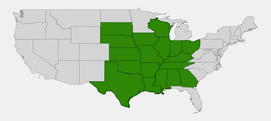 Native range map of Mexican Plum (Prunus mexicana) across the south-central and eastern United States