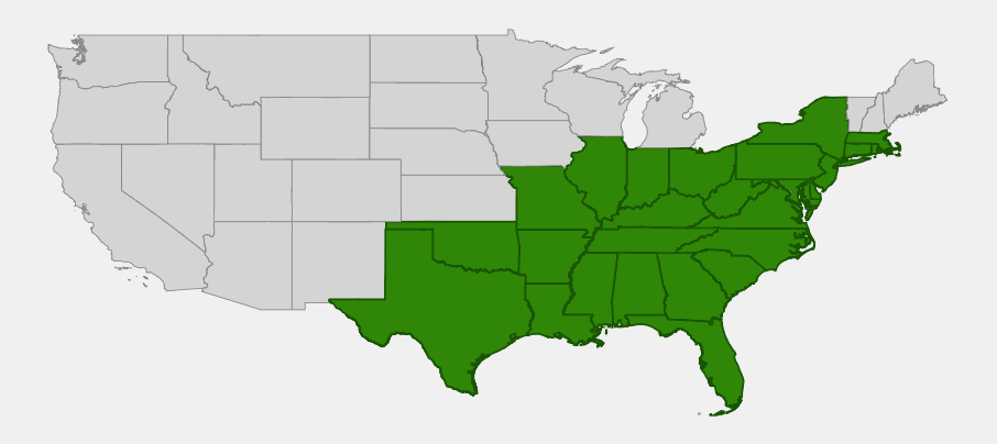 Native range map of Mockernut Hickory (Carya tomentosa) showing distribution across the eastern and southeastern United States