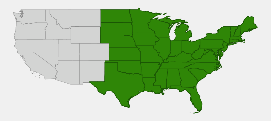 Native range map of Moonseed (Menispermum canadense) showing distribution across the eastern and central United States
