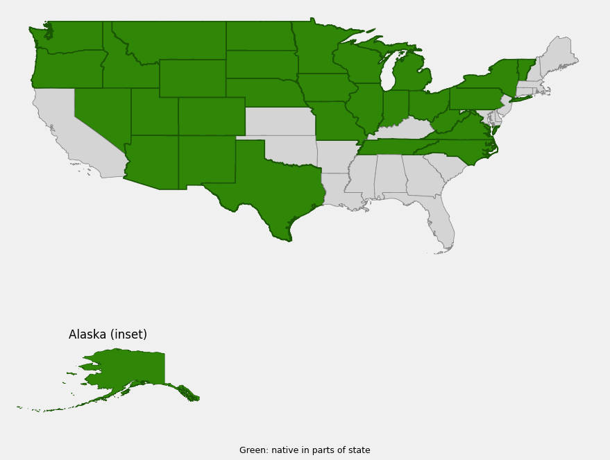 Native range map of Mountain Death Camas (Anticlea elegans) across much of the western, central and eastern United States and Alaska