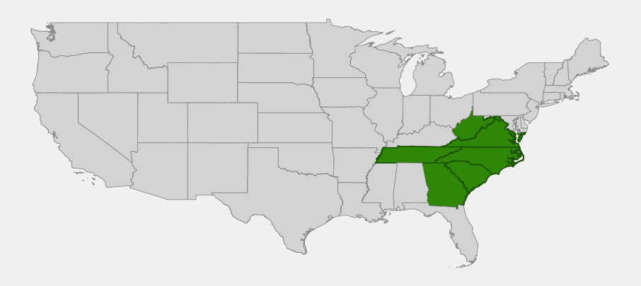 Native range map of Mountain Fetterbush (Pieris floribunda) showing distribution across the southern Appalachian Mountains