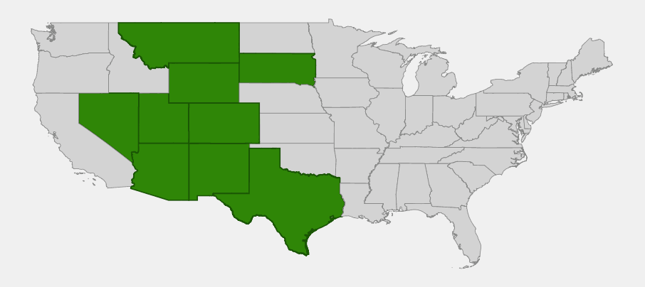 Native range map of Mountain Ninebark (Physocarpus monogynus) highlighting Arizona, Colorado, Montana, Nevada, New Mexico, South Dakota, Texas, Utah and Wyoming