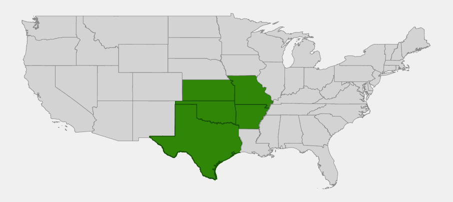 Native range map of White Prairie Rose (Rosa foliolosa) showing distribution across Texas, Oklahoma, Kansas, Arkansas, and Missouri