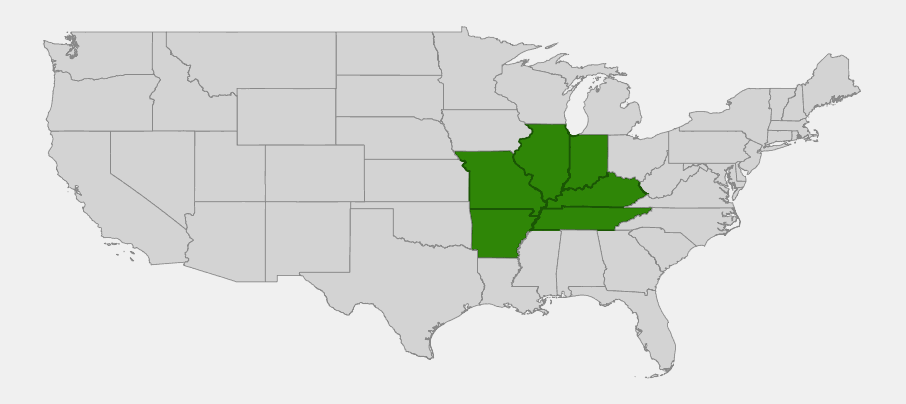 Native range map of Northern Catalpa (Catalpa speciosa) highlighting the Mississippi River lowlands states