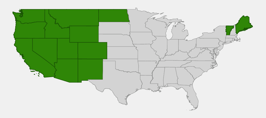 Native range map of Northern Gentian (Gentianella amarella) showing distribution across the western United States and northern New England