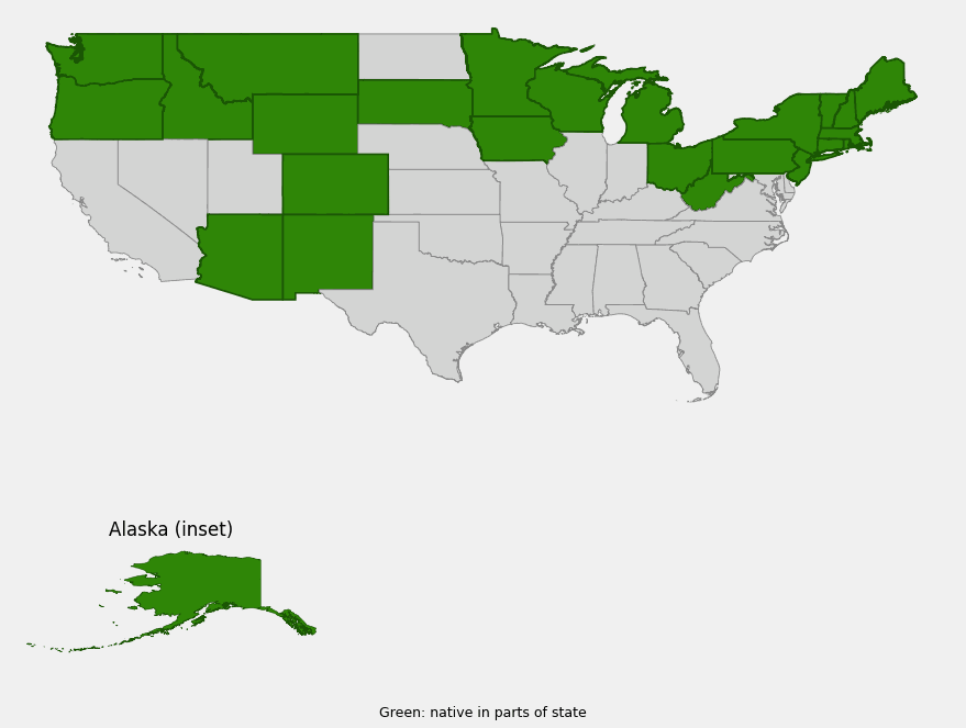 Native range map of oak fern (Gymnocarpium dryopteris) highlighting Alaska, the Pacific Northwest, northern Rockies, Southwest mountains, upper Midwest and Northeast United States