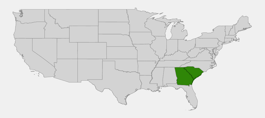 Native range map of Oconee azalea (Rhododendron flammeum) showing distribution across Georgia and South Carolina