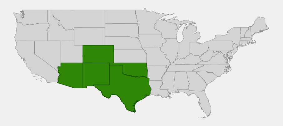 Native range map of one-seed juniper (Juniperus monosperma) showing distribution across Arizona, New Mexico, Colorado, Oklahoma, and Texas