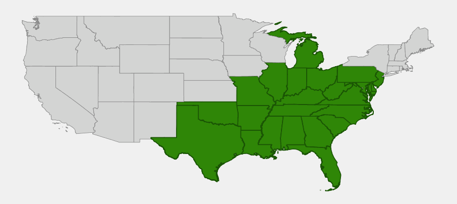 Native range map of Orange Coneflower (Rudbeckia fulgida) showing distribution across the eastern and south-central United States