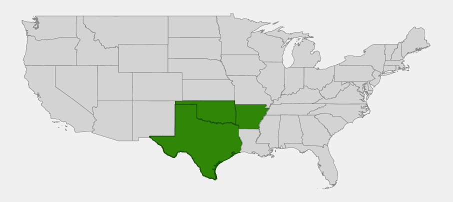 Native range map of Osage-orange (Maclura pomifera) highlighting Arkansas, Oklahoma and Texas