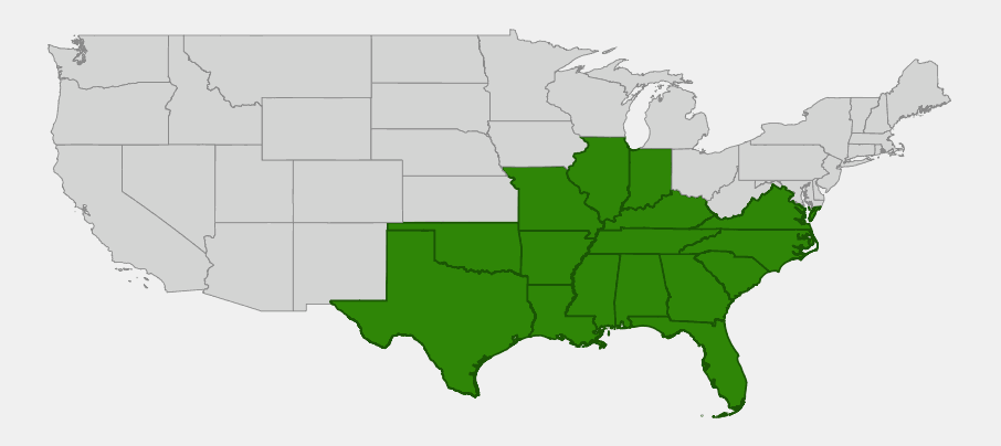Native range map of Overcup Oak (Quercus lyrata) showing distribution across the southeastern and south-central United States