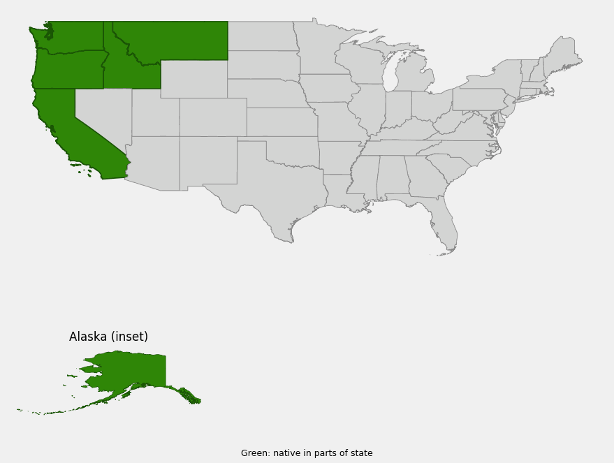 Native range map of Pacific yew (Taxus brevifolia) showing distribution in Alaska, Washington, Oregon, California, Idaho, and Montana