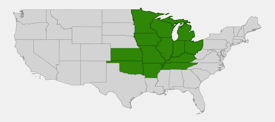 Native range map of palm sedge showing distribution across the Midwestern United States
