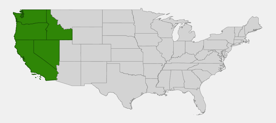 Native range map of Pinemat (Ceanothus prostratus) showing distribution across California, Oregon, Washington, Idaho, and Nevada