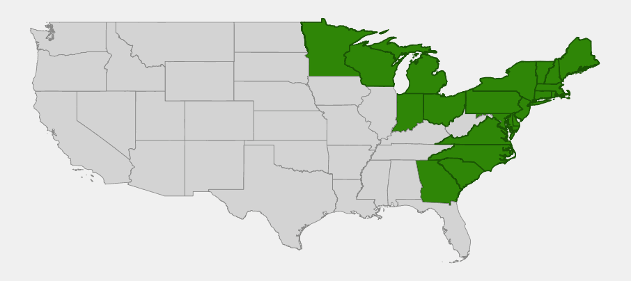 Native range map of Purple Pitcher Plant (Sarracenia purpurea) showing distribution across the northeastern and upper midwestern United States