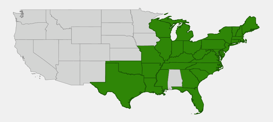 Native range map of Poison Sumac (Toxicodendron vernix) across the eastern United States