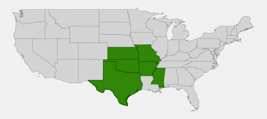 Native range map of Prairie Celestial Lily (Nemastylis geminiflora) showing distribution across Texas, Oklahoma, Kansas, Missouri, Arkansas and Mississippi