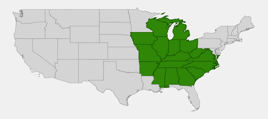 Native range map of Prairie Dock (Silphium terebinthinaceum) across the Midwest and parts of the Southeast