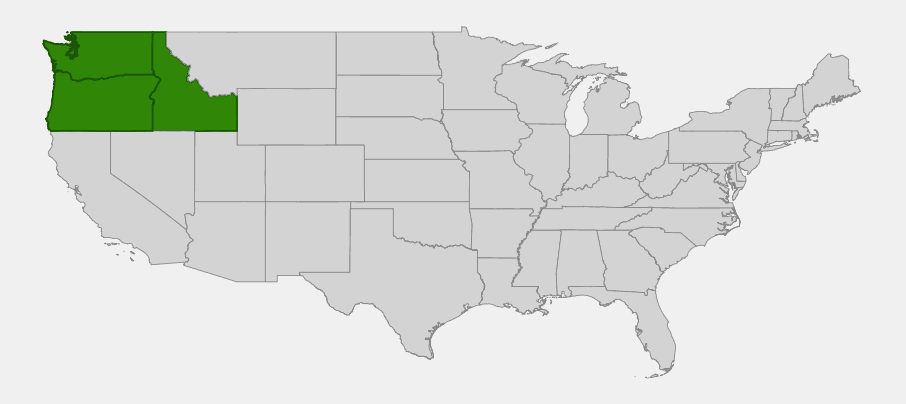 Native range map of Prairie Lupine (Lupinus lepidus) showing distribution across Washington, Oregon, and Idaho