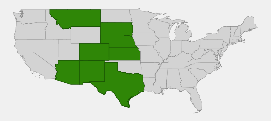 Native range map of prairie sand verbena (Abronia fragrans) across the central and southwestern Great Plains