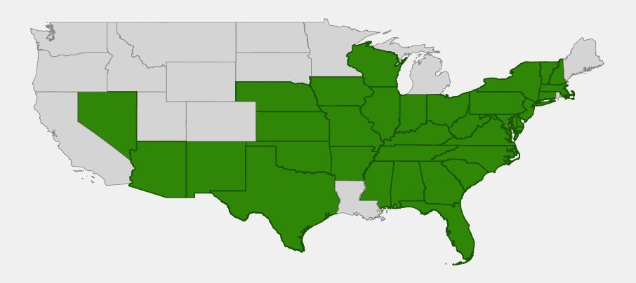 Native range map of purple cliffbrake (Pellaea atropurpurea) across the eastern and south-central United States plus Arizona, New Mexico and Nevada