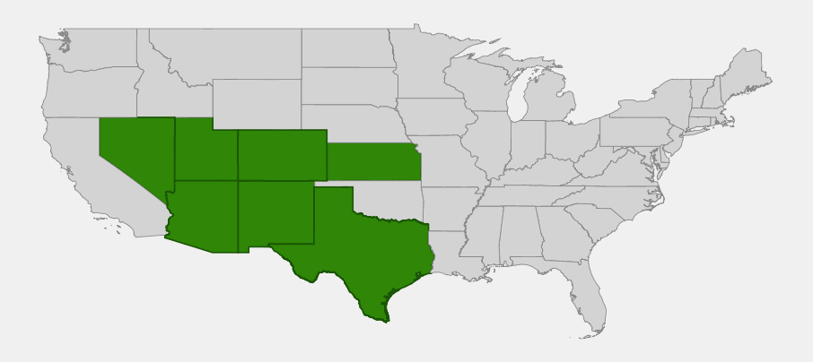 Native range map of Red Dome Blanketflower (Gaillardia pinnatifida) showing distribution across Arizona, New Mexico, Utah, Colorado, Kansas, Nevada, and Texas