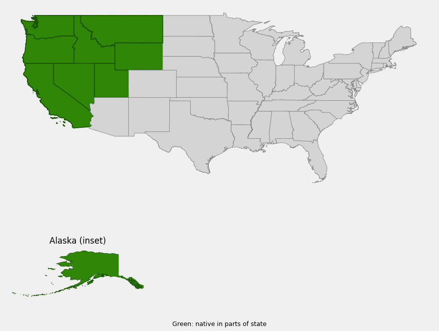 Native range map of red fescue (Festuca rubra) showing distribution across Alaska, California, Idaho, Montana, Nevada, Oregon, Utah, Washington, and Wyoming