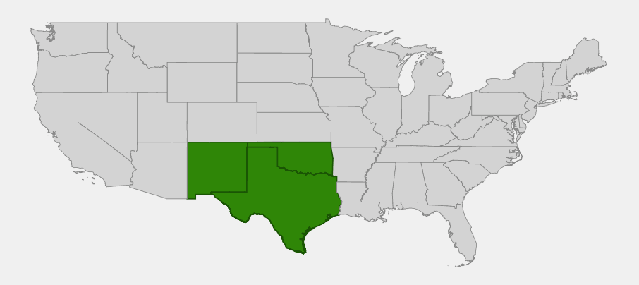 Native range map of redberry juniper (Juniperus pinchotii) highlighting New Mexico, Oklahoma and Texas