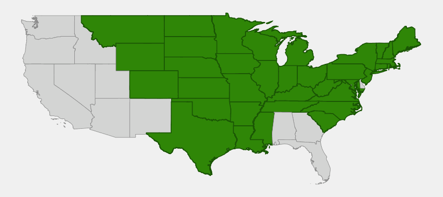 Native range map of Riverbank Grape (Vitis riparia) showing distribution across the central and eastern United States and southern Canada