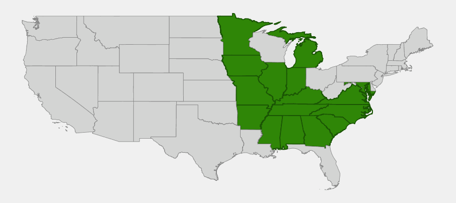 Native range map of rose turtlehead showing distribution across the Midwestern and Southeastern United States