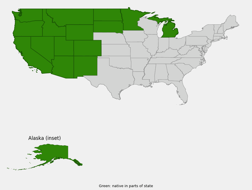 Native range map of Rosy Pussytoes (Antennaria rosea) across the western United States, northern Great Plains, and Alaska