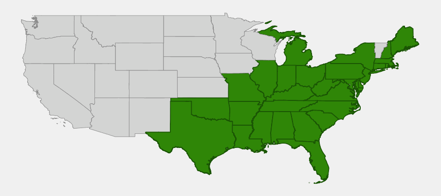 Native range map of roundleaf greenbrier (Smilax rotundifolia) showing distribution across the eastern United States