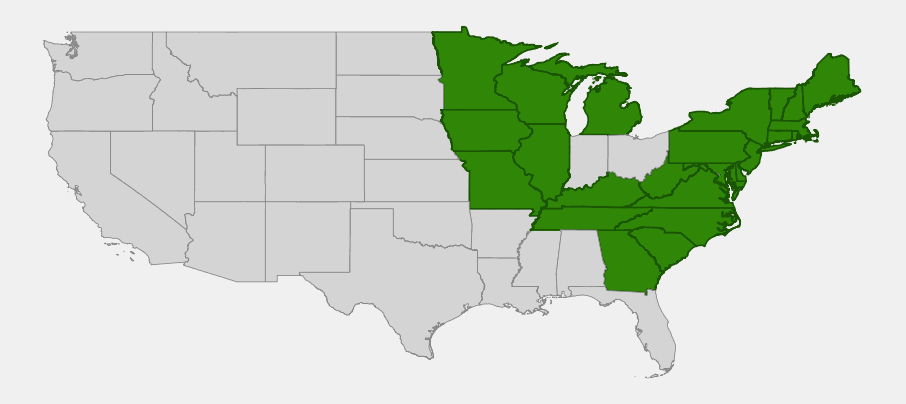 Native range map of Roundleaf Serviceberry (Amelanchier sanguinea) showing distribution across the Northeast, Great Lakes, and Appalachian United States