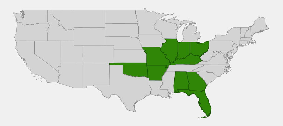 Native range map of Royal Catchfly (Silene regia) showing distribution across Missouri, Arkansas, Oklahoma, Illinois, Indiana, Ohio, Kentucky, Georgia, Florida and Alabama
