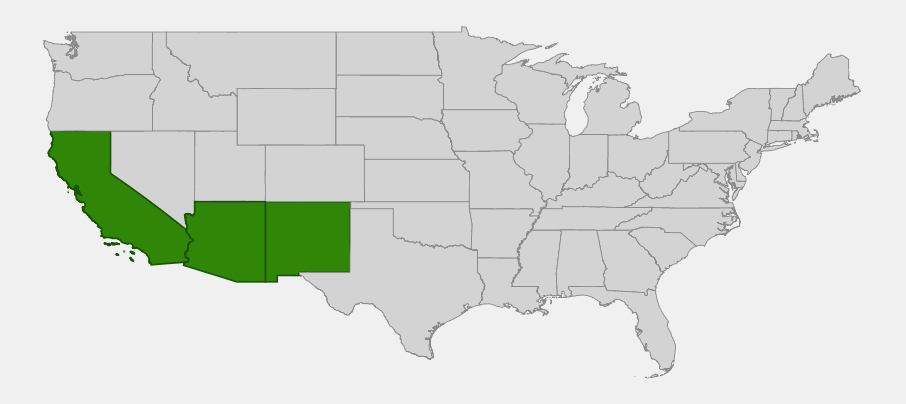 Native range map of San Diego sedge (Carex spissa) showing distribution across California, Arizona, and New Mexico