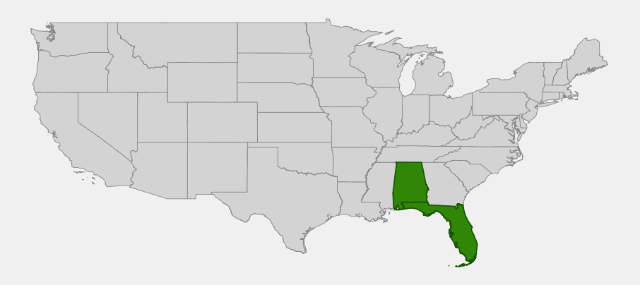 Native range map of Sand Pine (Pinus clausa) showing distribution across Florida and extreme southern Alabama