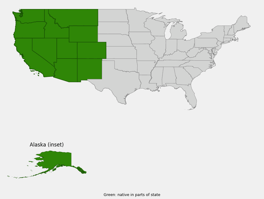 Native range map of Scarlet Paintbrush (Castilleja miniata) showing distribution across Alaska and the western United States