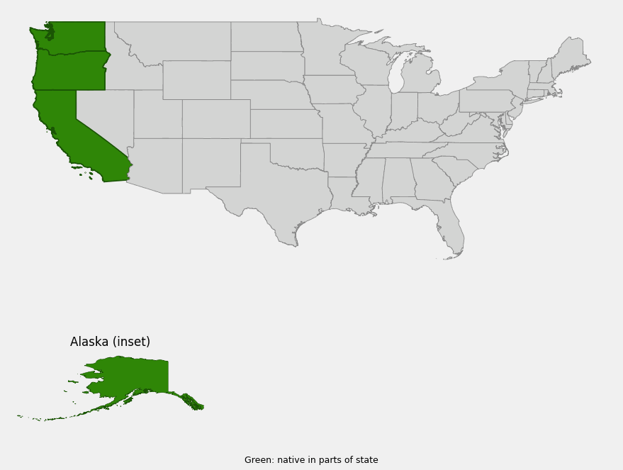 Native range map of Sea Asparagus (Sarcocornia pacifica) showing distribution along coastal Alaska, Washington, Oregon, and California