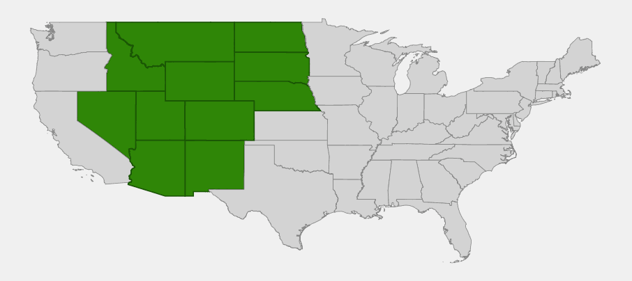 Native range map of sego lily (Calochortus nuttallii) showing distribution across the Intermountain West and southern Rocky Mountains