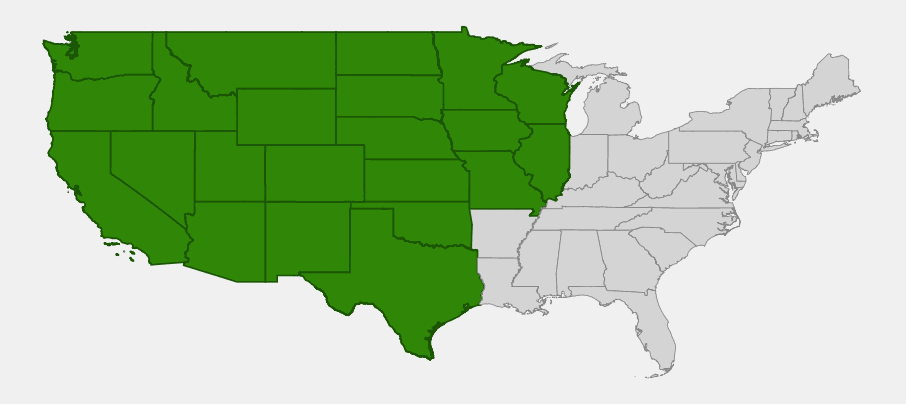Native range map of Showy Milkweed (Asclepias speciosa) showing distribution across the western, central and upper midwestern United States