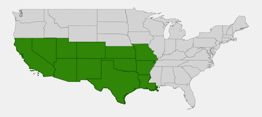 Native range map of Slim Tridens (Tridens muticus) showing distribution across California, Nevada, Utah, Colorado, Arizona, New Mexico, Kansas, Oklahoma, Texas, Arkansas, Missouri, and Louisiana