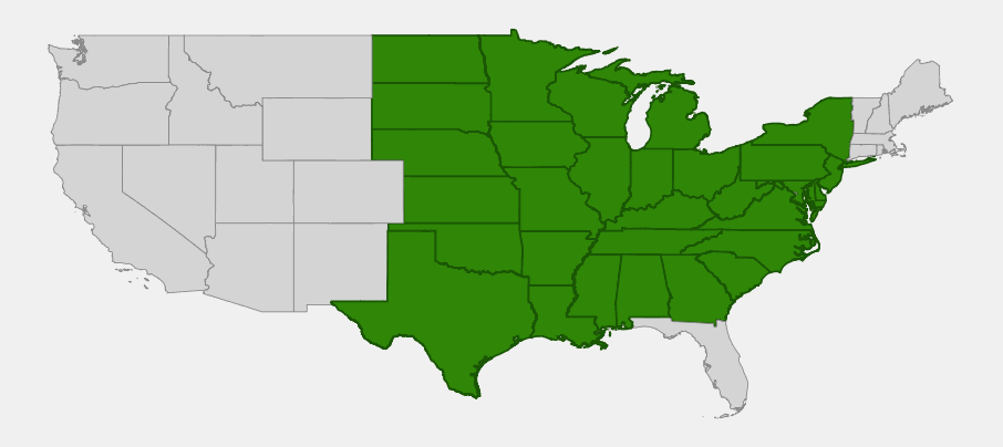 Native range map of Slippery Elm (Ulmus rubra) showing distribution across the eastern and central United States