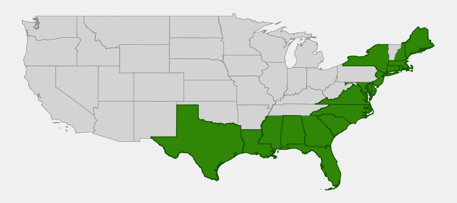 Native range map of Smooth Cordgrass (Spartina alterniflora) showing distribution along the Atlantic and Gulf Coasts; not native to the Pacific Coast