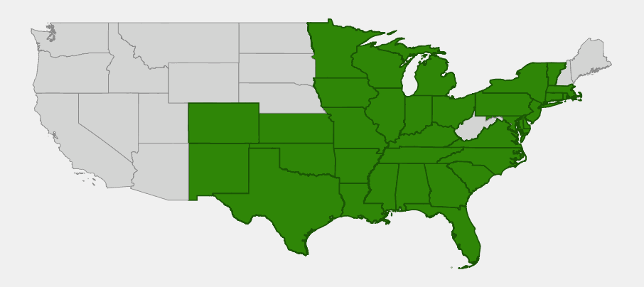 Native range map of Spotted Beebalm (Monarda punctata) showing distribution across the eastern and central United States from New England to Texas and New Mexico