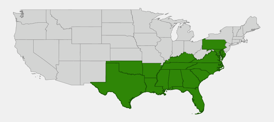 Native range map of spurred butterfly pea (Centrosema virginianum) across the southeastern United States