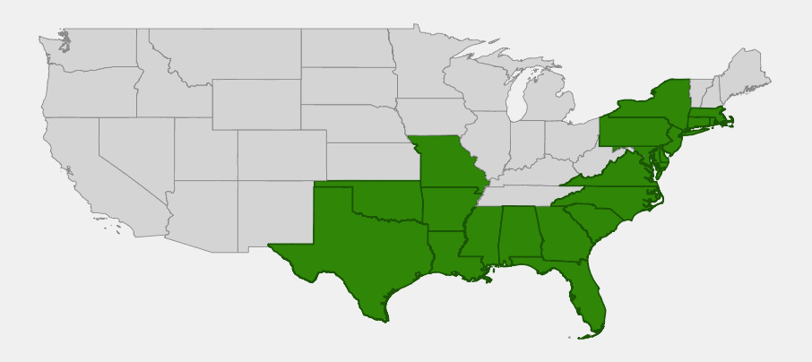 Native range map of Staggerbush (Lyonia mariana) showing distribution along the Atlantic and Gulf coastal plains with inland disjunct populations