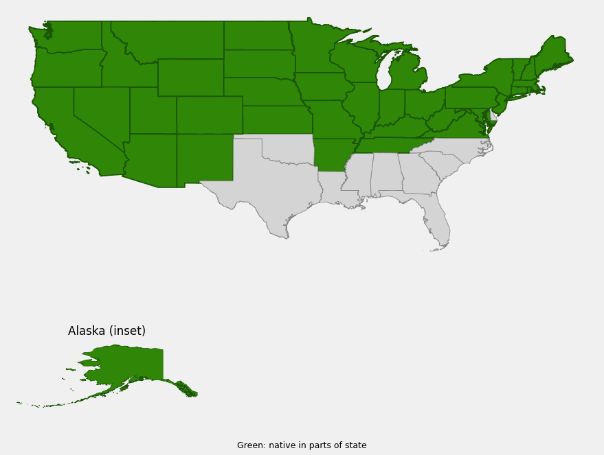 Native range map of Starry False Lily (Maianthemum stellatum) showing distribution across most of the northern and western United States and Alaska
