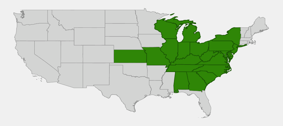 Native range map of sweet crabapple (Malus coronaria) showing distribution across the eastern and midwestern United States